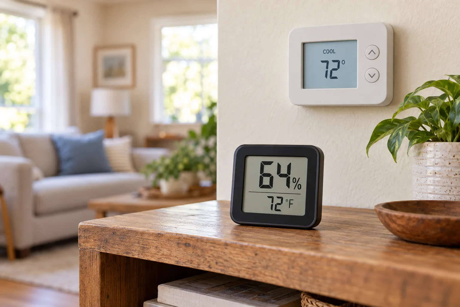 A digital hygrometer reading 64 percent humidity sits on a shelf below a wall thermostat set to cool.