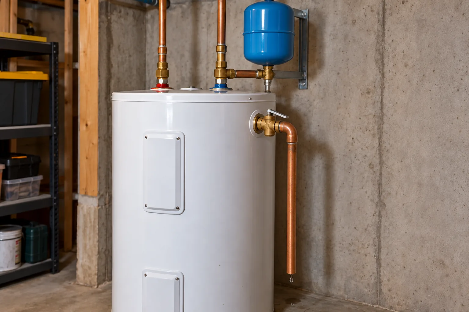 A thermal expansion tank mounted on the cold-water line above a tank water heater, beside the brass T&P relief valve and its discharge pipe.